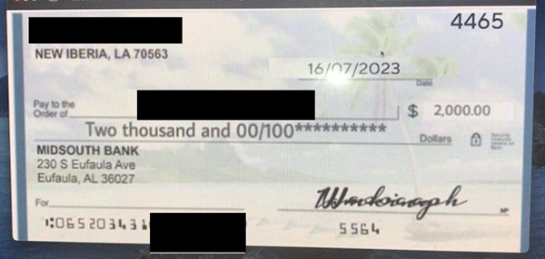 Photo of a fraudulent check used in an overpayment scam.