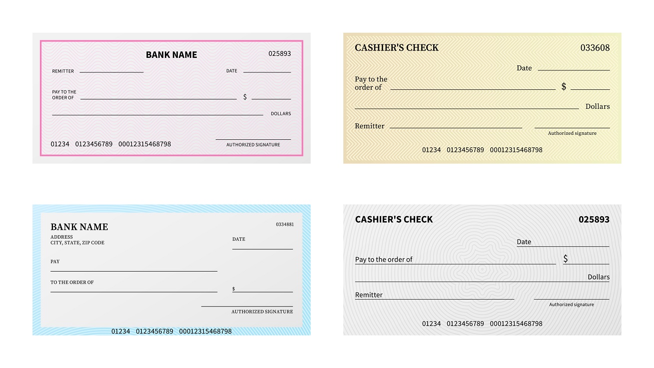 Image of multiple fake blank checks to illustrate fraudulent check scams