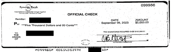 Photo of a fraudulent check used in a car wrapping scam