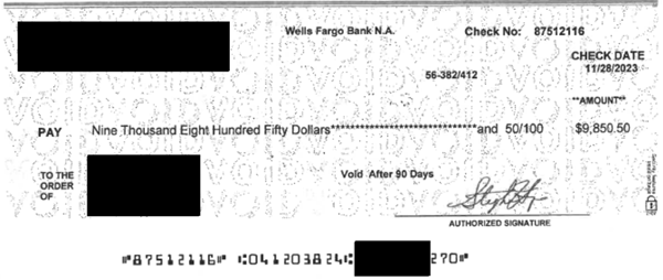 Photo of a fraudulent check used in a lottery winnings scam