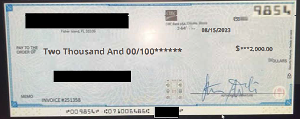 Photo of an image of a check used in a fraudulent deposit scam