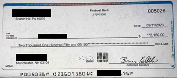 Photo of a fraudulent check used in a work-from-home job scam