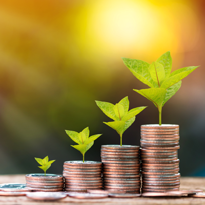 Stacks of coins getting larger, arranged right to left, with plants growing out of the top