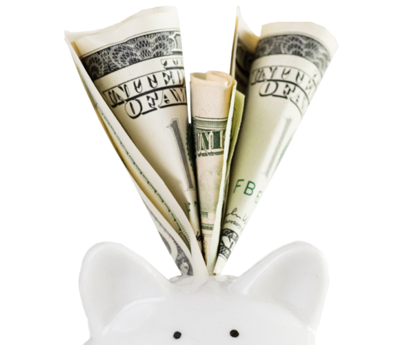 White piggy bank with money coming out of its head.